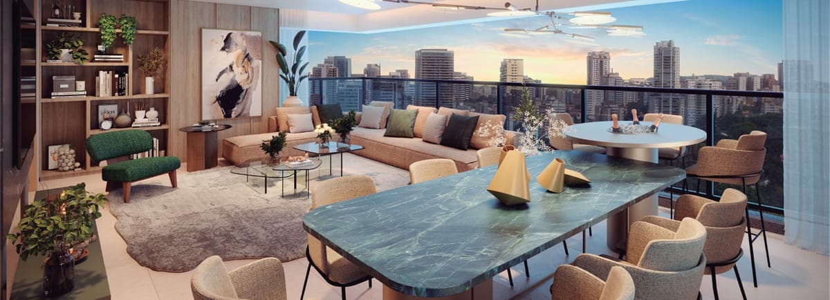 Living de apartamento decorado com estante, sofá longo e mesa de jantar junto à varanda