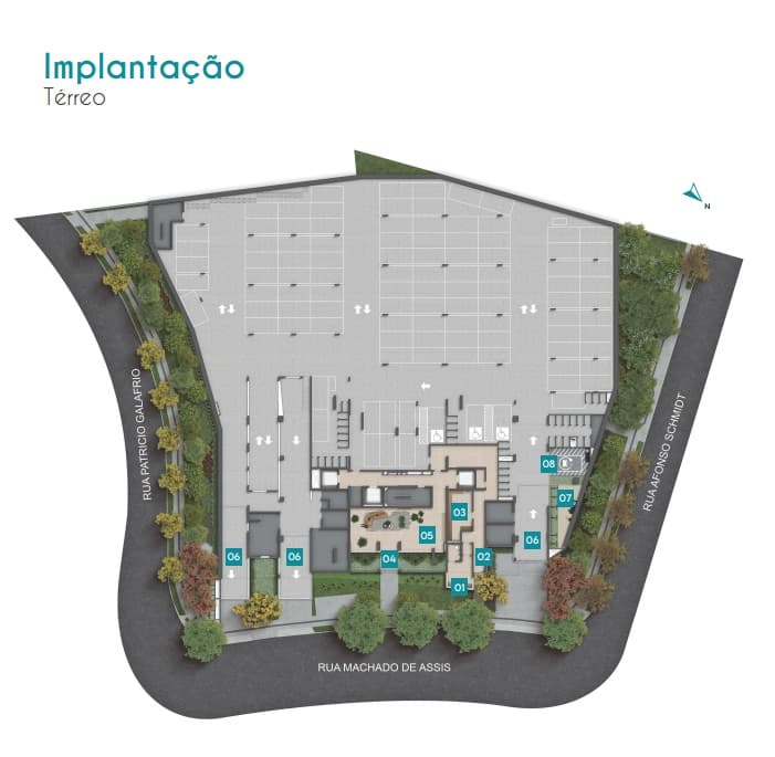 Implantação do pavimento térreo: acessos pelas ruas Patrício Galafrio, Afonso Schmidt e Machado de Assis, estacionamento descoberto ao fundo, lobby social e portaria no centro do lote.