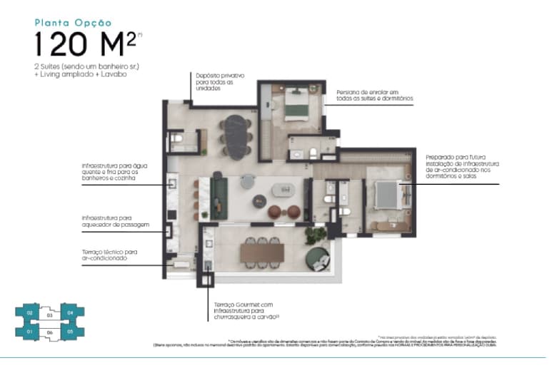 Planta opção de 120 m²: duas suítes, com a terceira incorporada ao living ampliado.