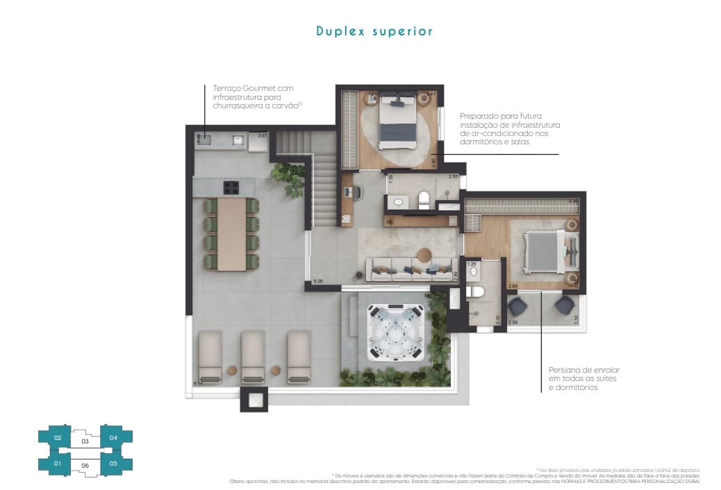 Pavimento superior da duplex de 234 m²: estar, suíte, terraço com ofurô e espaço gourmet descoberto.