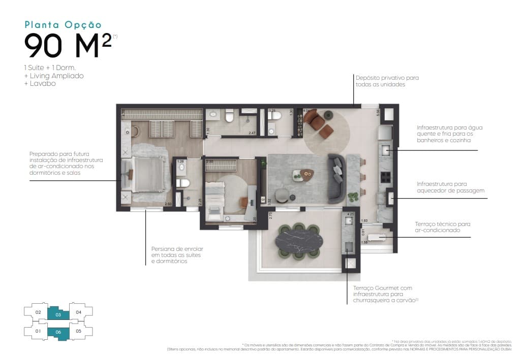 Planta opção de 90 m²: um dormitório a menos, com a área incorporada ao living ampliado.